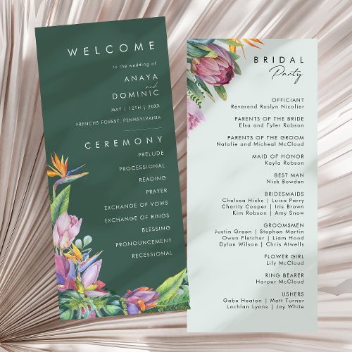 Colorful Tropical Floral  Green Wedding Program