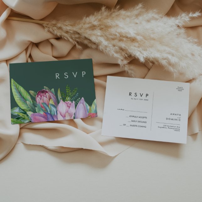 Colorful Tropical Floral | Green Wedding RSVP Postcard