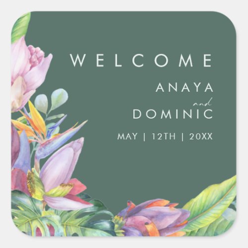 Colorful Tropical Floral  Green Wedding Welcome Square Sticker