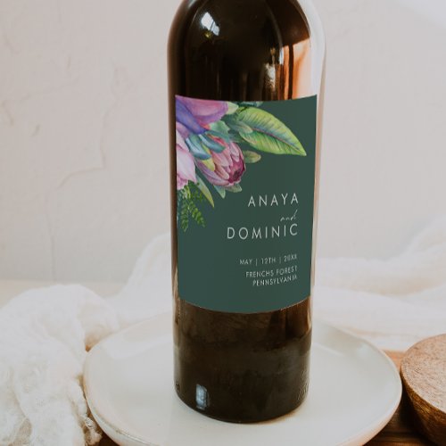 Colorful Tropical Floral  Green Wedding Wine Label
