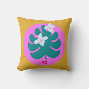 Colorful tropical floral modern monogram pink throw pillow