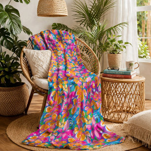 Colorful Tropical Floral Pattern Fleece Blanket