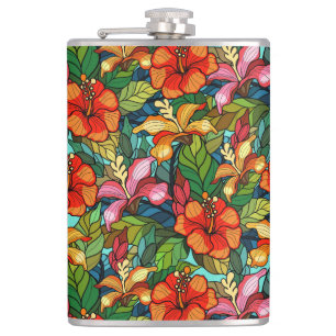 Colorful tropical floral pattern string glass look flask