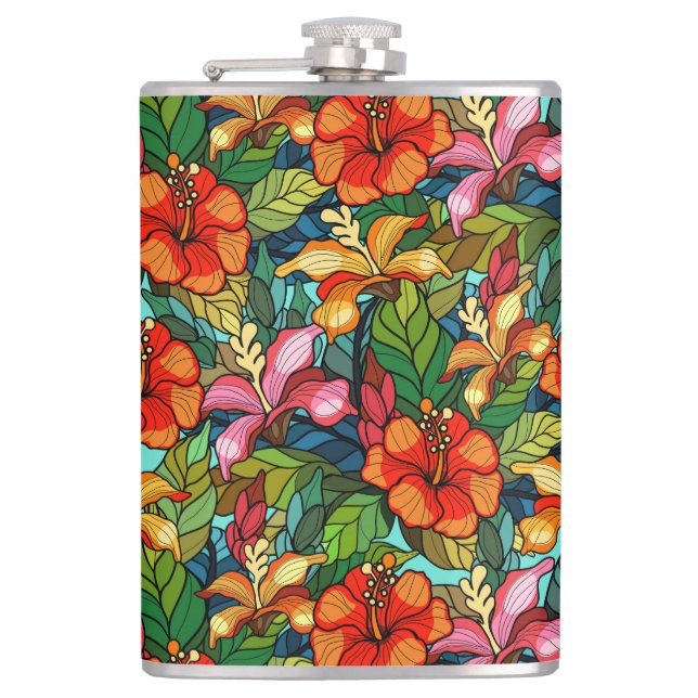 Colorful tropical floral pattern string glass look flask (Front)