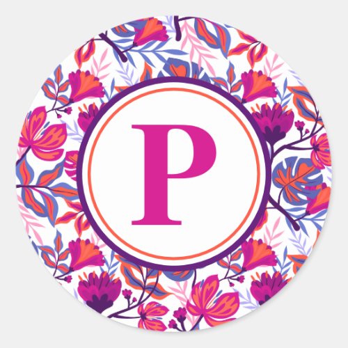 Colorful Tropical Floral Pattern Your Initial Classic Round Sticker