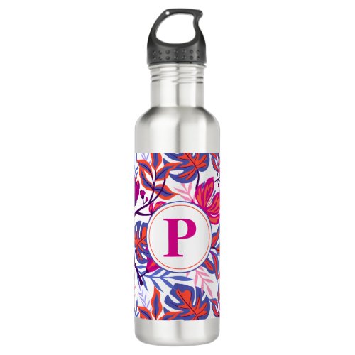 Colorful Tropical Floral Pattern Your Initial Stainless Steel Water Bottle