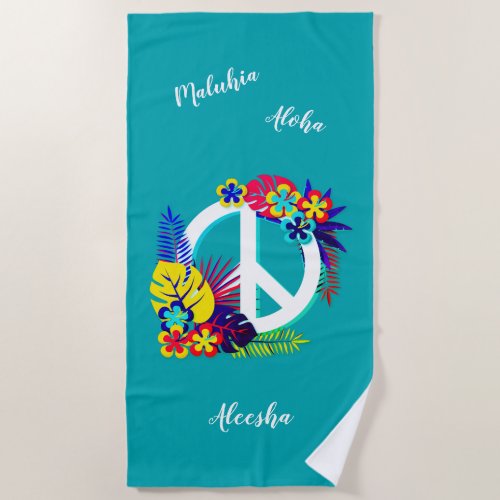 Colorful Tropical Floral Peace Sign Your Name Teal Beach Towel