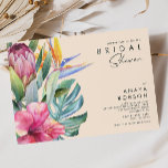 Colorful Tropical Floral | Peach Bridal Shower Invitation<br><div class="desc">This colorful tropical floral | peach bridal shower invitation is perfect for your modern boho destination green, purple, peach bridal shower. Design features an elegant bouquet of classic beach watercolor greenery and flowers, including sage green eucalyptus, mauve and red protea, blush pink hibiscus, orange and blue bird of paradise, and...</div>