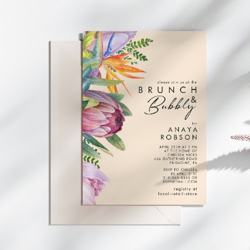 Colorful Tropical Floral  Peach Brunch and Bubbly Invitation