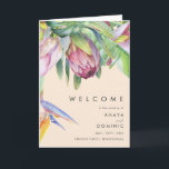 Colorful Tropical Floral | Peach Folded Wedding Program<br><div class="desc">This colorful tropical floral | peach folded wedding program is perfect for your modern boho destination, green, purple, peach wedding. Design features an elegant bouquet of classic beach watercolor greenery and flowers that may include sage green eucalyptus, mauve and red protea, blush pink hibiscus, orange and blue bird of paradise,...</div>