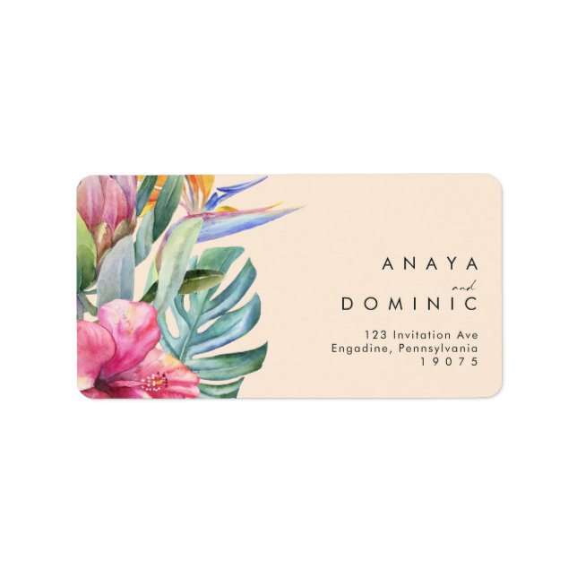 Colorful Tropical Floral | Peach RSVP Address Label (Front)