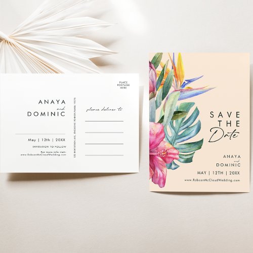 Colorful Tropical Floral  Peach Save The Date Invitation Postcard