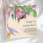 Colorful Tropical Floral | Peach Square Wedding Invitation<br><div class="desc">This colorful tropical floral | peach square wedding invitation is perfect for your modern boho destination, green, purple, peach wedding. Design features an elegant bouquet of classic beach watercolor greenery and flowers that may include sage green eucalyptus, mauve and red protea, blush pink hibiscus, orange and blue bird of paradise,...</div>