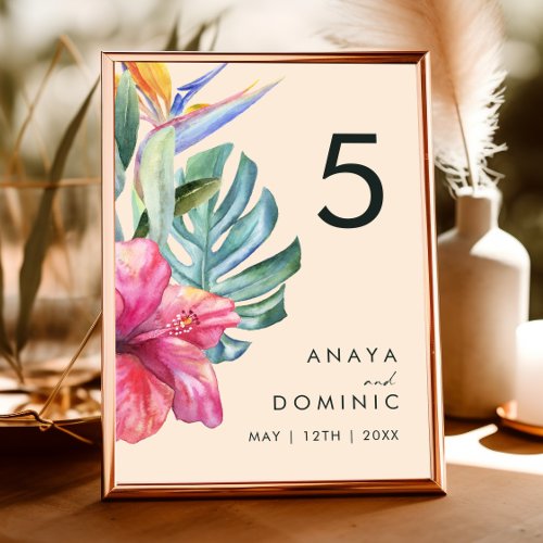 Colorful Tropical Floral  Peach Table Number