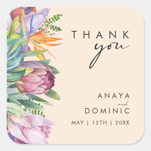 Colorful Tropical Floral  Peach Thank You Wedding Square Sticker