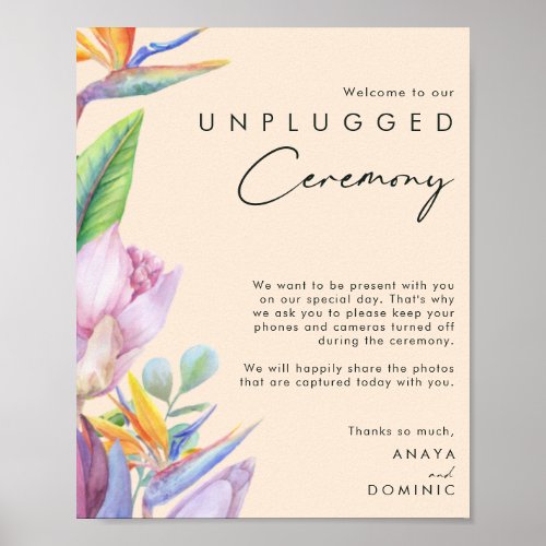 Colorful Tropical Floral Peach Unplugged Ceremony Poster