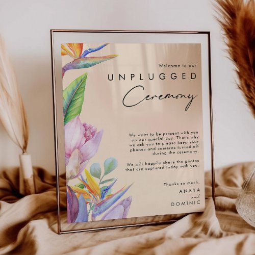 Colorful Tropical Floral Peach Unplugged Ceremony Poster