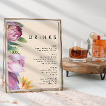 Colorful Tropical Floral | Peach Wedding Drinks Poster<br><div class="desc">This colorful tropical floral | peach wedding drinks poster is perfect for your modern boho destination green, purple, peach wedding. Design features an elegant bouquet of classic beach watercolor greenery and flowers, including sage green eucalyptus, mauve and red protea, blush pink hibiscus, orange and blue bird of paradise, and dark...</div>