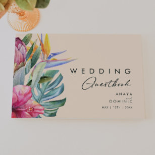 Colorful Tropical Floral   Peach Wedding Guest Boo Guest Book