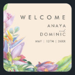 Colorful Tropical Floral | Peach Wedding Welcome Square Sticker<br><div class="desc">This colorful tropical floral | peach wedding welcome sticker is perfect for your modern boho destination, green, purple, peach wedding. Design features an elegant bouquet of classic beach watercolor greenery and flowers that may include sage green eucalyptus, mauve and red protea, blush pink hibiscus, orange and blue bird of paradise,...</div>