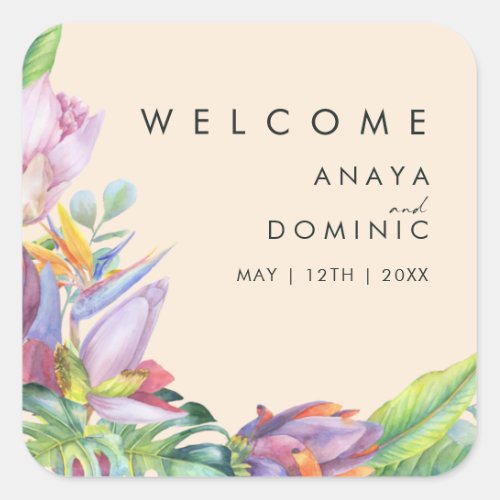 Colorful Tropical Floral  Peach Wedding Welcome Square Sticker