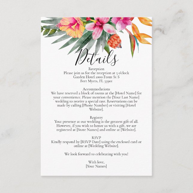 Colorful Tropical Floral Pink Wedding Details Enclosure Card (Front)