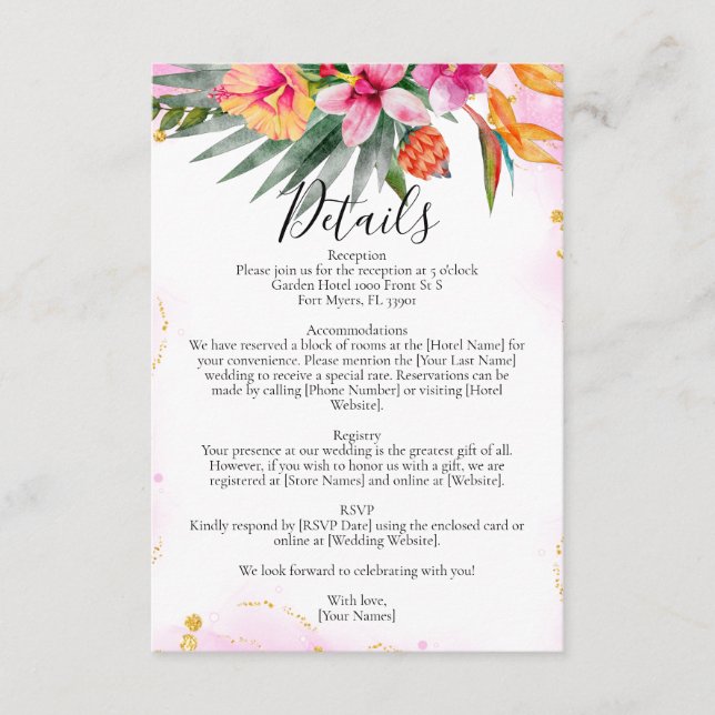 Colorful Tropical Floral Pink Wedding Details Enclosure Card (Front)