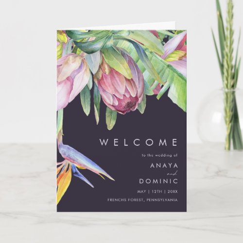 Colorful Tropical Floral  Purple Folded Wedding Program