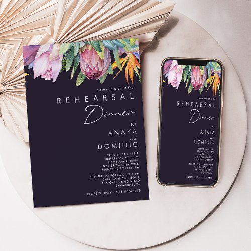 Colorful Tropical Floral  Purple Rehearsal Dinner Invitation