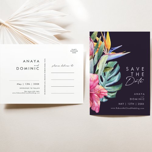 Colorful Tropical Floral  Purple Save The Date Invitation Postcard