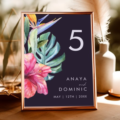 Colorful Tropical Floral  Purple Table Number