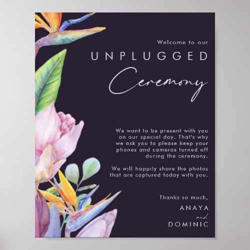 Colorful Tropical Floral Purple Unplugged Ceremony Poster