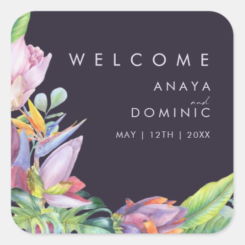 Colorful Tropical Floral  Purple Wedding Welcome Square Sticker