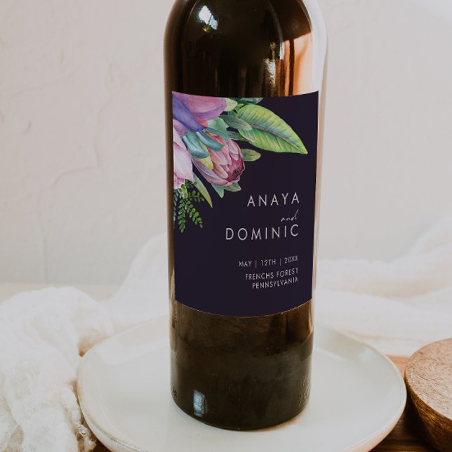 Colorful Tropical Floral | Purple Wedding Wine Label (Creator Uploaded)