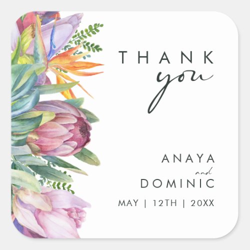 Colorful Tropical Floral  Thank You Wedding Square Sticker