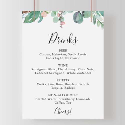 Colorful Tropical Floral Wedding Drinks Menu Sign