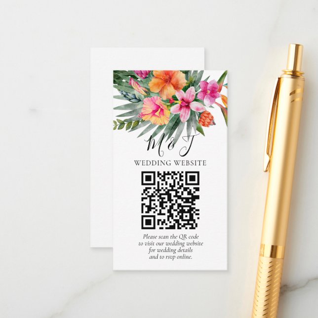 Colorful Tropical Floral Wedding QR Code Details Enclosure Card (Front/Back In Situ)