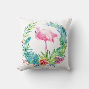 Colorful Tropical Floral Wreath & Pink Flamingo Throw Pillow