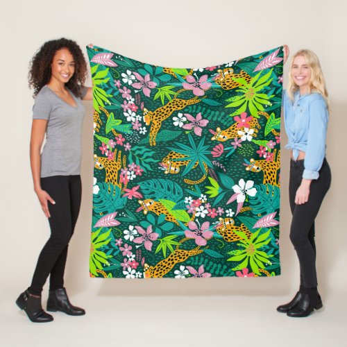 Colorful tropical flowers and animals pattern fleece blanket