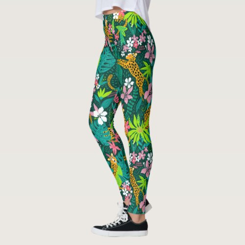 Colorful tropical flowers and animals pattern leggings