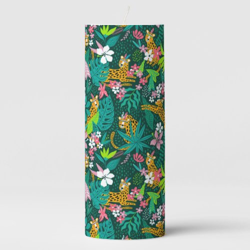 Colorful tropical flowers and animals pattern pillar candle