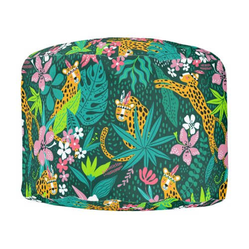 Colorful tropical flowers and animals pattern pouf