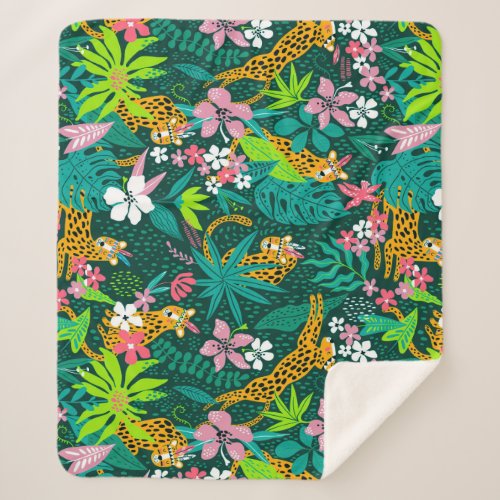 Colorful tropical flowers and animals pattern sherpa blanket