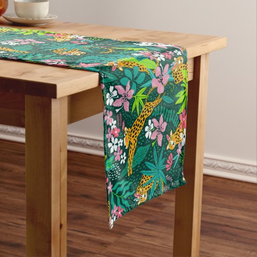 Colorful tropical flowers and animals pattern short table runner