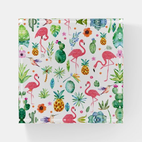 Colorful tropical flowers and flamingos pattern paperweight