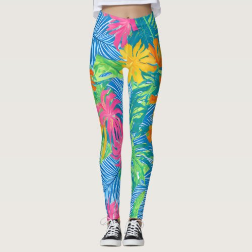 Colorful Tropical Flowers and Leaves Leggings