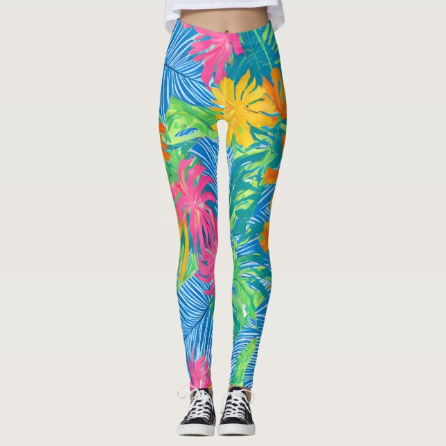 Colorful Tropical Flowers and Leaves Leggings (Front)