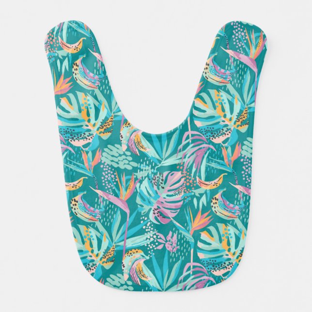 Colorful tropical flowers and leaves pattern baby bib (Front)
