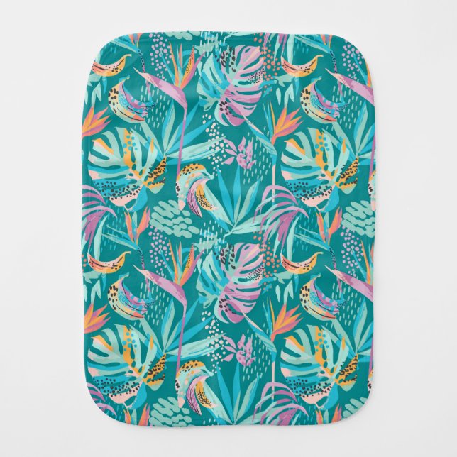 Colorful tropical flowers and leaves pattern baby burp cloth (Front)