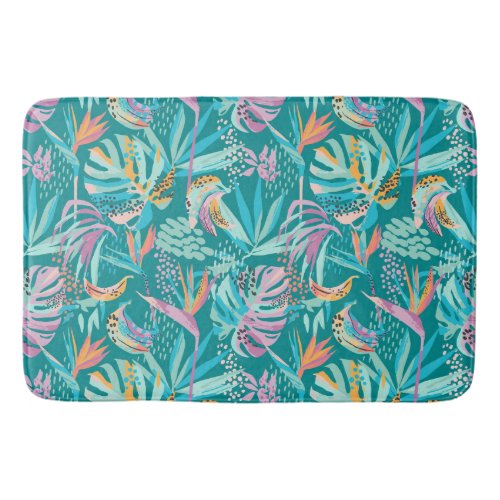 Colorful tropical flowers and leaves pattern bath mat